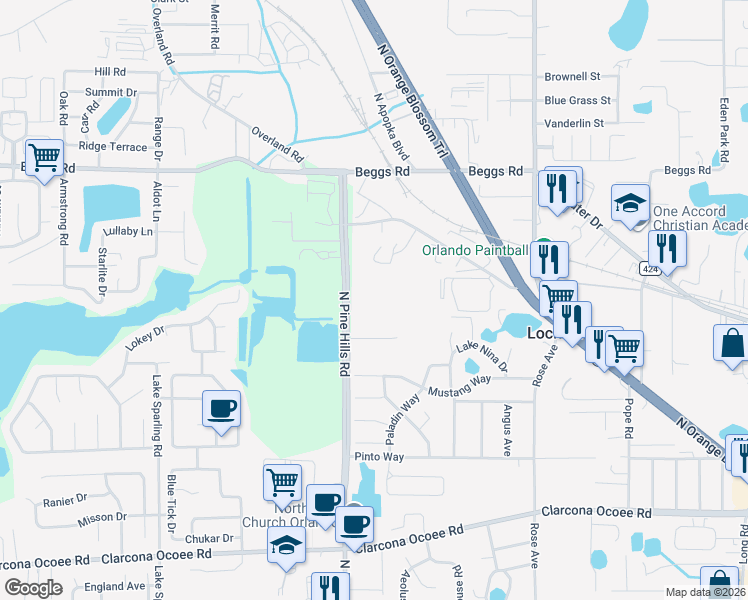 map of restaurants, bars, coffee shops, grocery stores, and more near 5711 North Pine Hills Road in Lockhart
