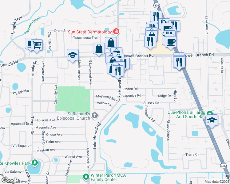 map of restaurants, bars, coffee shops, grocery stores, and more near 5311 Lake Howell Road in Winter Park