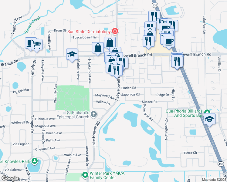 map of restaurants, bars, coffee shops, grocery stores, and more near 5311 Lake Howell Road in Winter Park