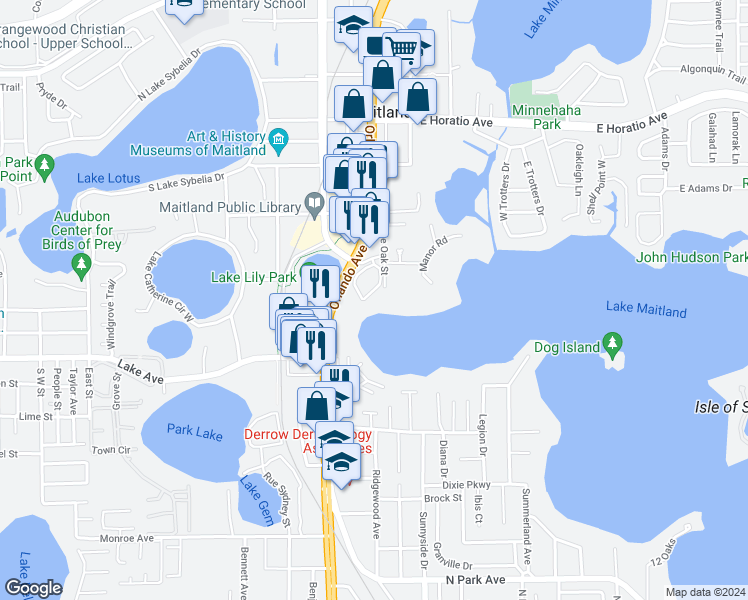 map of restaurants, bars, coffee shops, grocery stores, and more near 950 Live Oak Street in Maitland