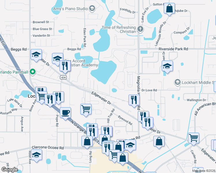 map of restaurants, bars, coffee shops, grocery stores, and more near 4203 Lake Lockhart Drive in Orlando