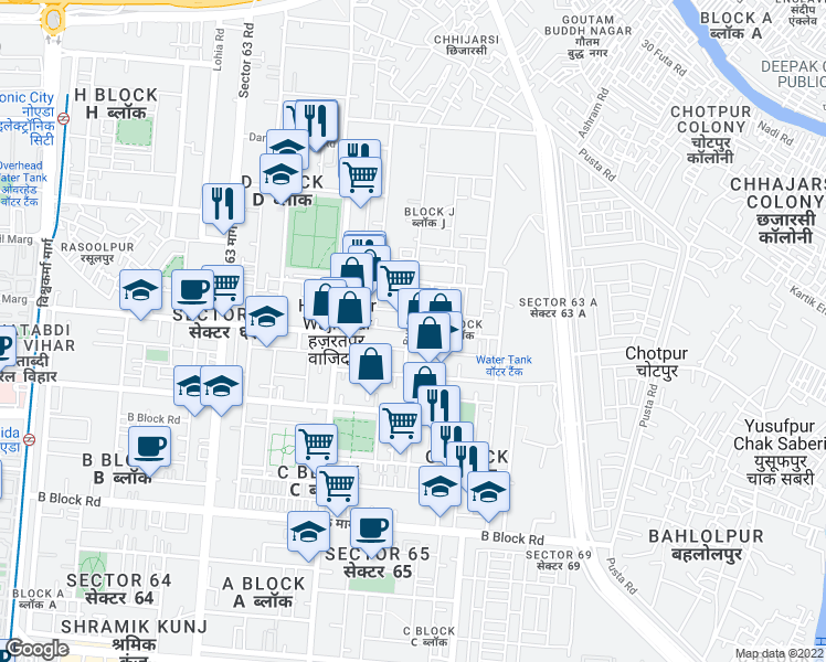 map of restaurants, bars, coffee shops, grocery stores, and more near in Noida