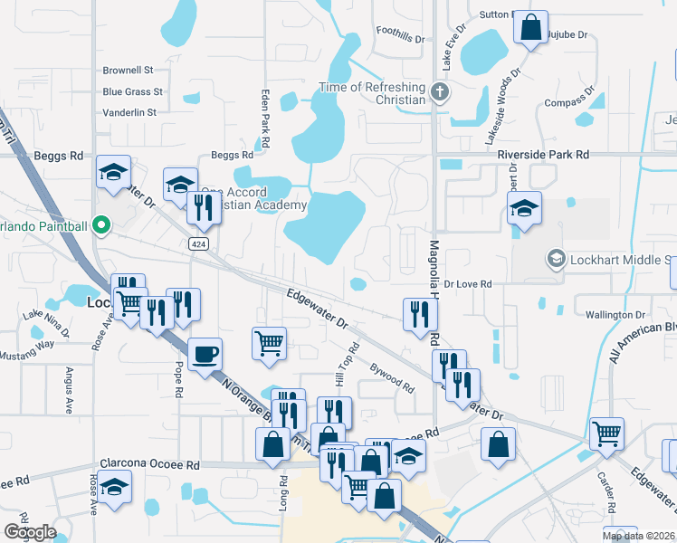 map of restaurants, bars, coffee shops, grocery stores, and more near 4203 Lake Lockhart Drive in Orlando