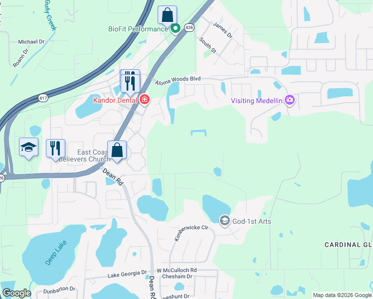 map of restaurants, bars, coffee shops, grocery stores, and more near 5800 Oak Hollow Lane in Oviedo