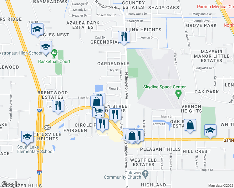 map of restaurants, bars, coffee shops, grocery stores, and more near 2906 Elder Street in Titusville