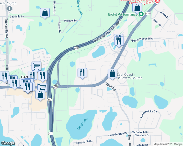 map of restaurants, bars, coffee shops, grocery stores, and more near 5140 Morning Dew Loop in Oviedo