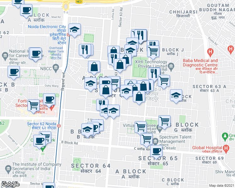 map of restaurants, bars, coffee shops, grocery stores, and more near in Noida
