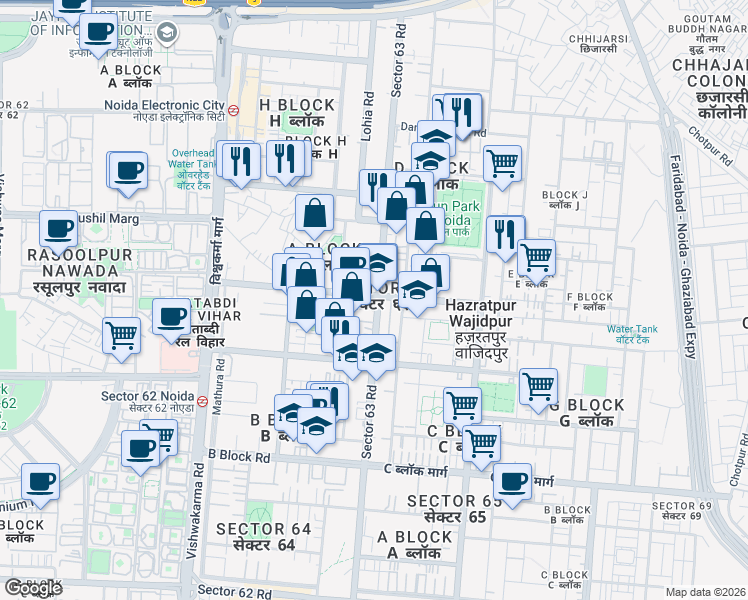 map of restaurants, bars, coffee shops, grocery stores, and more near D-49 Lohia Road in Noida