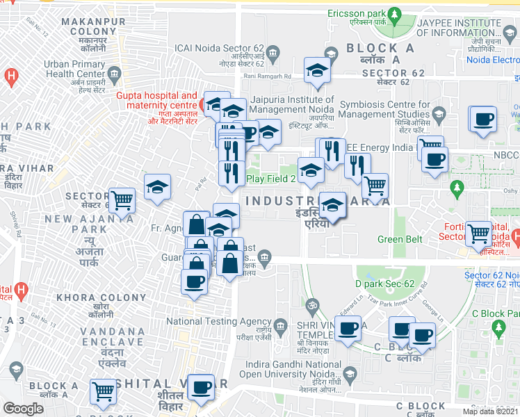 map of restaurants, bars, coffee shops, grocery stores, and more near in Noida