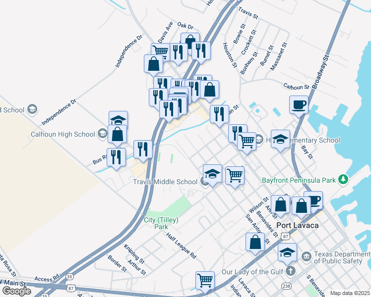 map of restaurants, bars, coffee shops, grocery stores, and more near 1021 North San Antonio Street in Port Lavaca