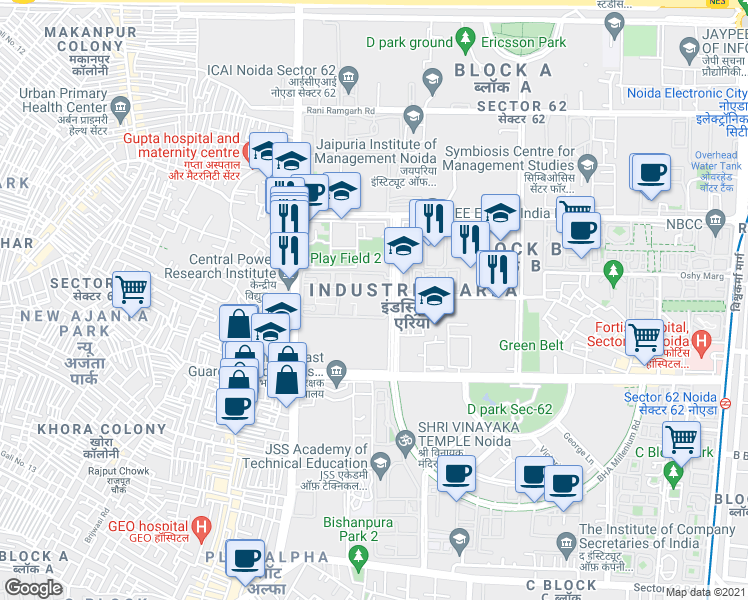 map of restaurants, bars, coffee shops, grocery stores, and more near Plot No. B2 Arko Road in Noida