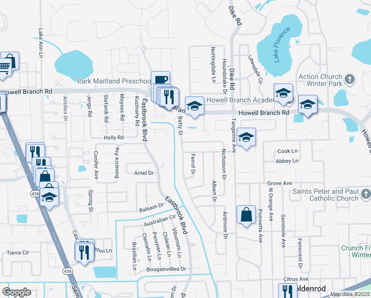 map of restaurants, bars, coffee shops, grocery stores, and more near 6877 Jackman Boulevard in Winter Park