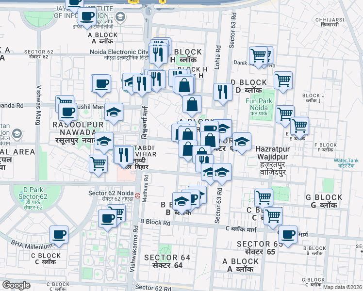 map of restaurants, bars, coffee shops, grocery stores, and more near in Noida