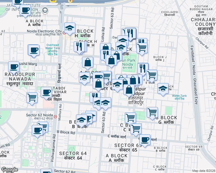 map of restaurants, bars, coffee shops, grocery stores, and more near in Noida