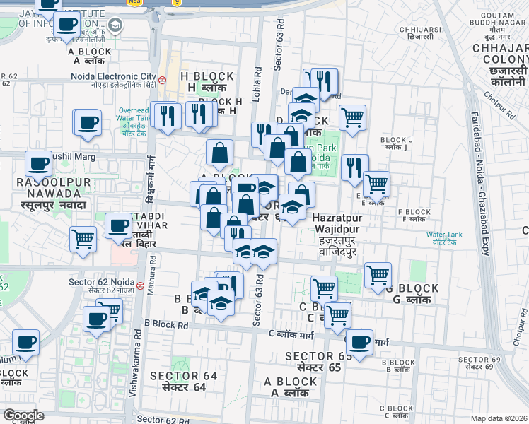 map of restaurants, bars, coffee shops, grocery stores, and more near in Noida