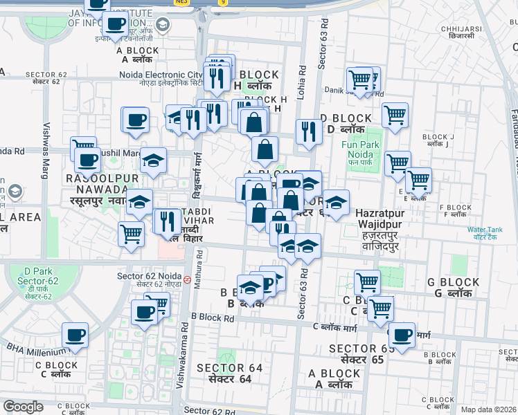 map of restaurants, bars, coffee shops, grocery stores, and more near in Noida