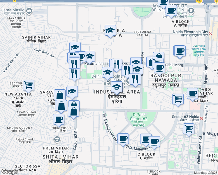 map of restaurants, bars, coffee shops, grocery stores, and more near in Noida