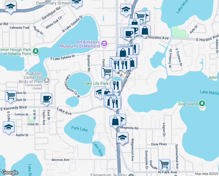 map of restaurants, bars, coffee shops, grocery stores, and more near 820 Lake Lily Drive in Maitland