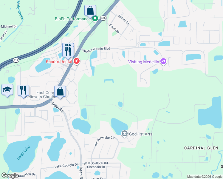 map of restaurants, bars, coffee shops, grocery stores, and more near 5800 Oak Hollow Lane in Oviedo