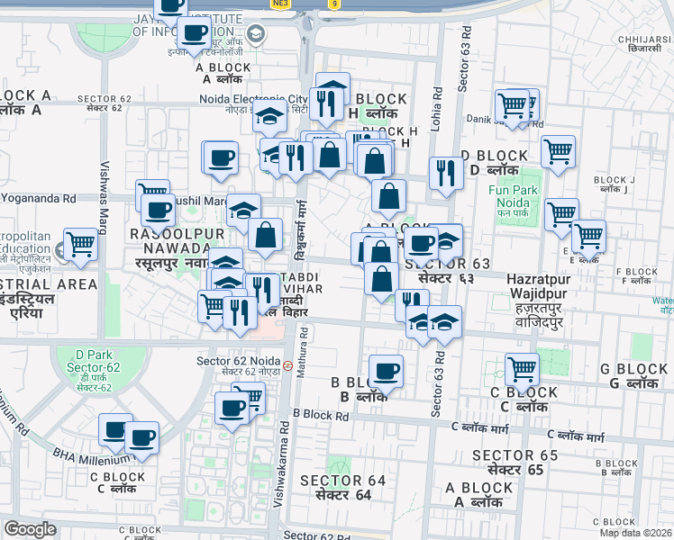 map of restaurants, bars, coffee shops, grocery stores, and more near in Noida