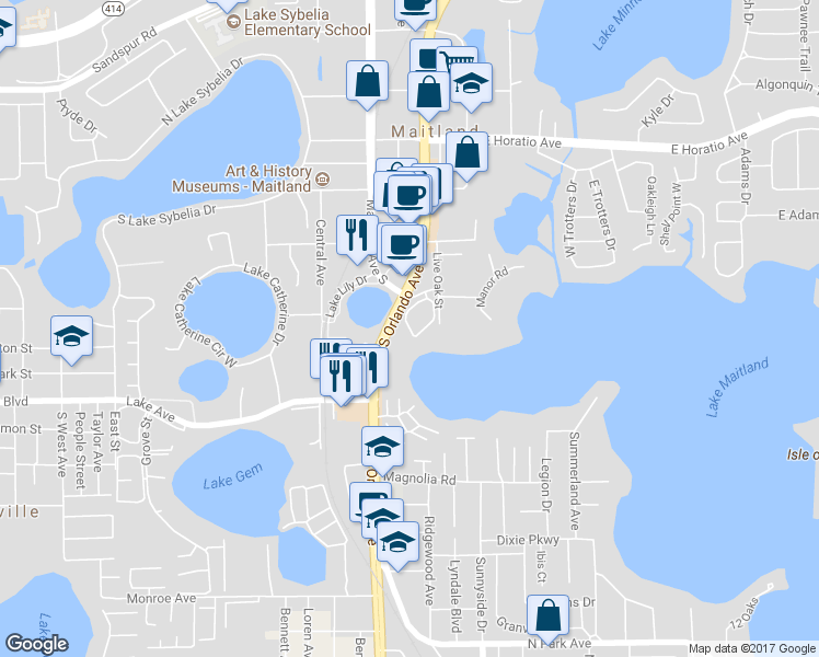 map of restaurants, bars, coffee shops, grocery stores, and more near 750 South Orlando Avenue in Maitland