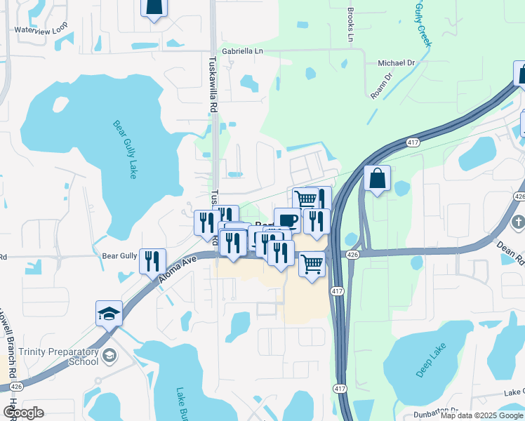 map of restaurants, bars, coffee shops, grocery stores, and more near 4673 Creekview Lane in Oviedo