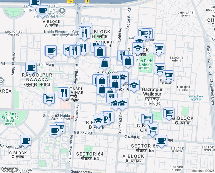 map of restaurants, bars, coffee shops, grocery stores, and more near in Noida