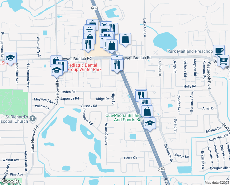 map of restaurants, bars, coffee shops, grocery stores, and more near 2185 Linden Road in Winter Park