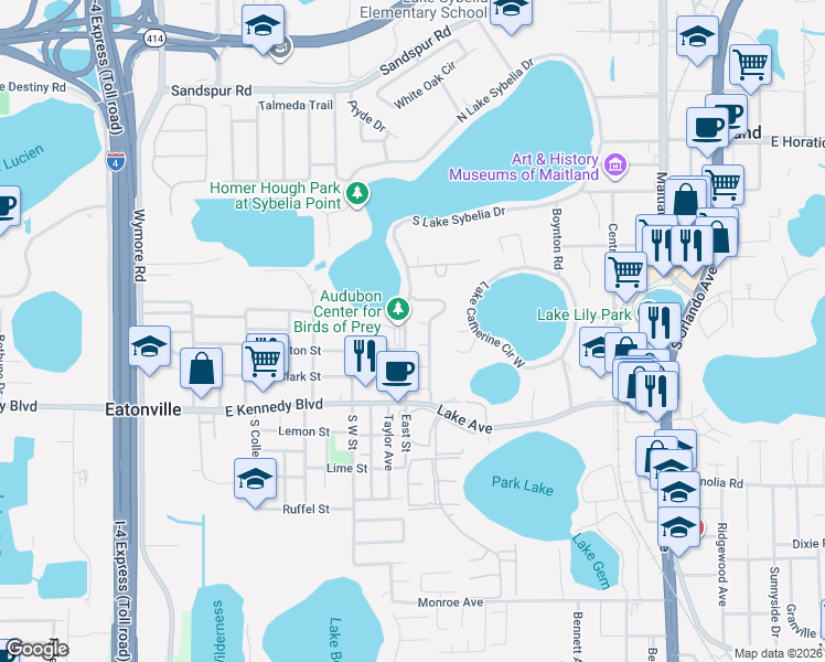 map of restaurants, bars, coffee shops, grocery stores, and more near 180 Lakewind Trail in Maitland