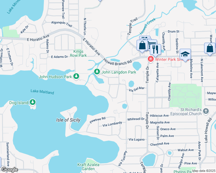 map of restaurants, bars, coffee shops, grocery stores, and more near 2222 Azalea Place in Winter Park