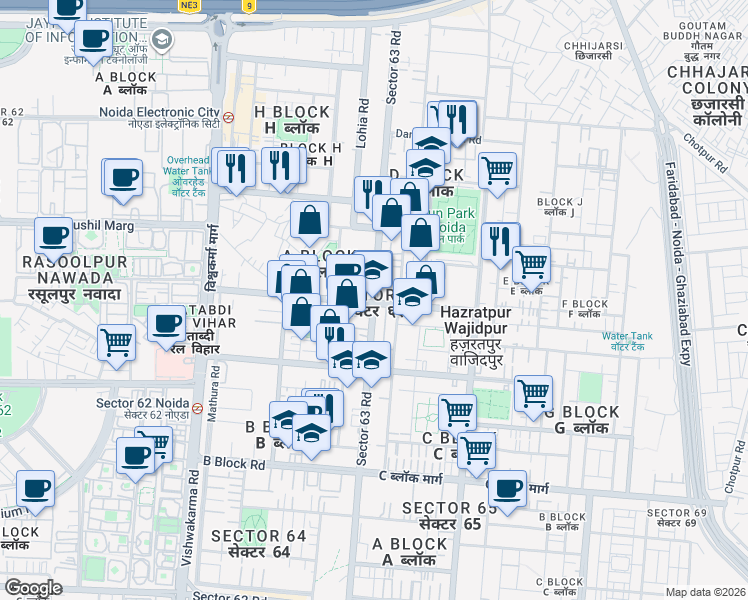 map of restaurants, bars, coffee shops, grocery stores, and more near in Noida