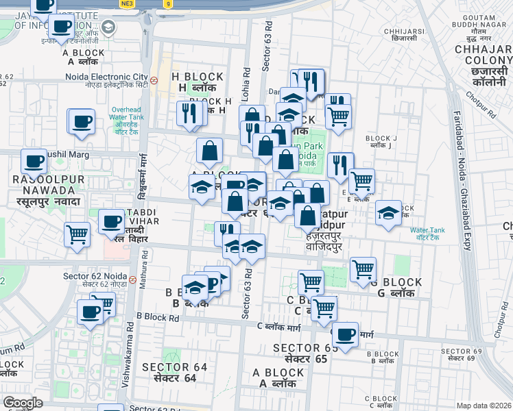 map of restaurants, bars, coffee shops, grocery stores, and more near in Noida