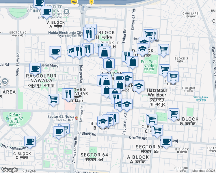 map of restaurants, bars, coffee shops, grocery stores, and more near in Noida
