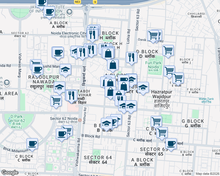 map of restaurants, bars, coffee shops, grocery stores, and more near in Noida