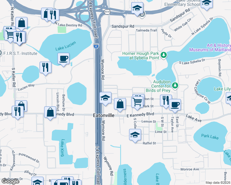 map of restaurants, bars, coffee shops, grocery stores, and more near 2000 Rogers Avenue in Maitland