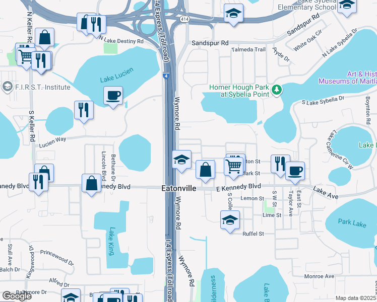 map of restaurants, bars, coffee shops, grocery stores, and more near 2120 Rogers Avenue in Maitland