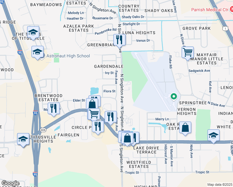 map of restaurants, bars, coffee shops, grocery stores, and more near 506 Fern Avenue in Titusville