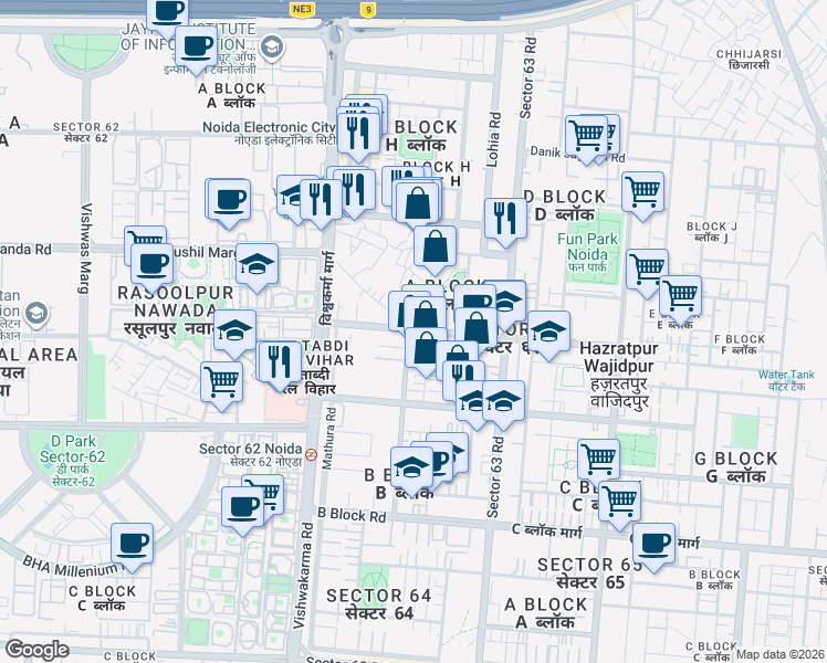 map of restaurants, bars, coffee shops, grocery stores, and more near in Noida