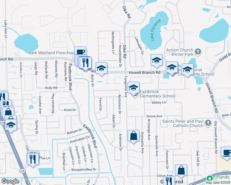 map of restaurants, bars, coffee shops, grocery stores, and more near 3123 Nicholson Drive in Winter Park