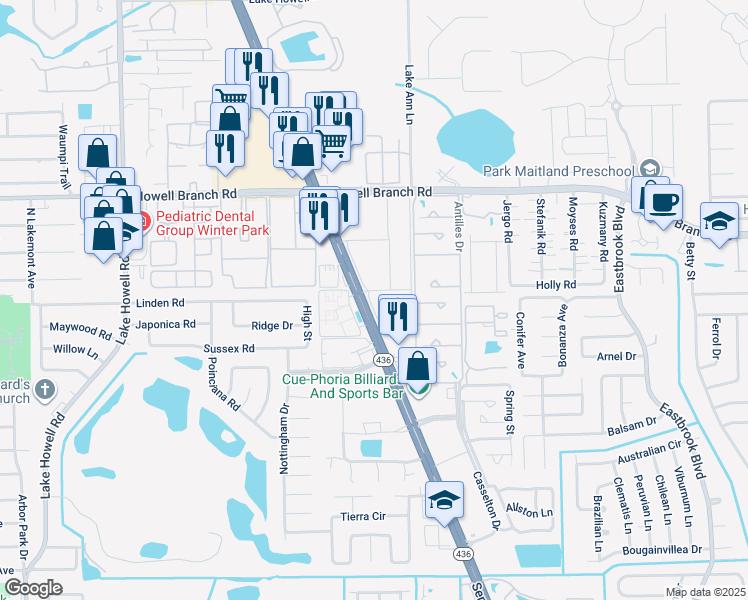 map of restaurants, bars, coffee shops, grocery stores, and more near 2449-2467 Chicory Ln in Winter Park