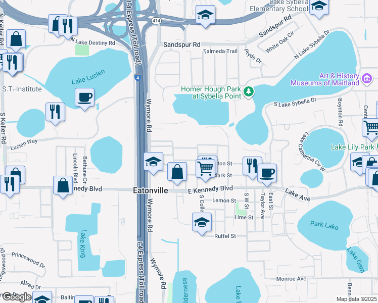 map of restaurants, bars, coffee shops, grocery stores, and more near 1830 Rogers Avenue in Maitland