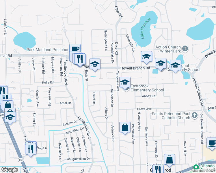 map of restaurants, bars, coffee shops, grocery stores, and more near 3123 Nicholson Drive in Winter Park