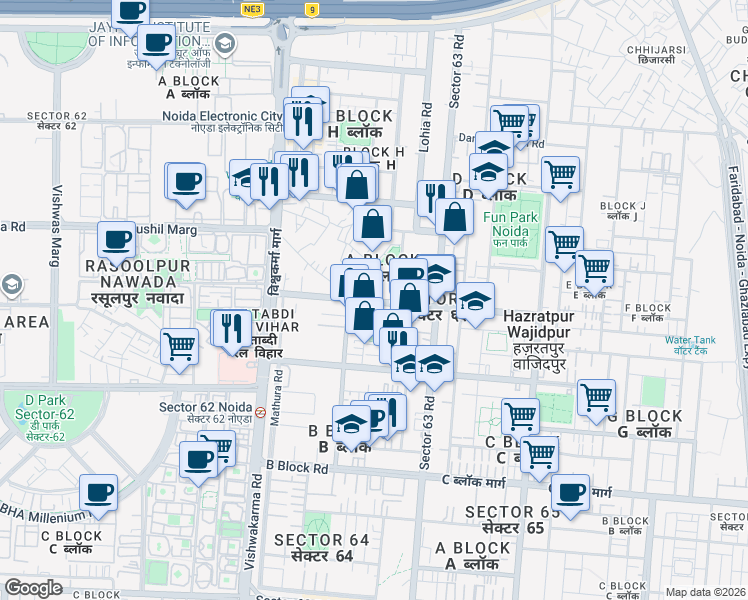 map of restaurants, bars, coffee shops, grocery stores, and more near in Noida