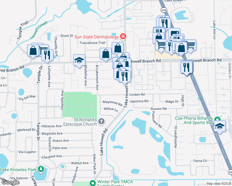 map of restaurants, bars, coffee shops, grocery stores, and more near 1853 Linden Road in Winter Park