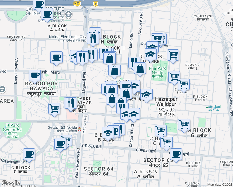 map of restaurants, bars, coffee shops, grocery stores, and more near in Noida