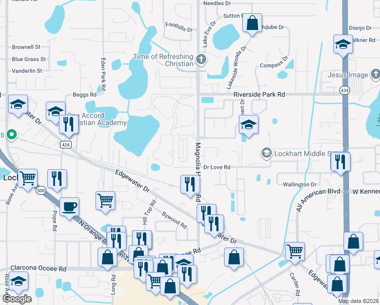 map of restaurants, bars, coffee shops, grocery stores, and more near 6774 Magnolia Homes Road in Orlando