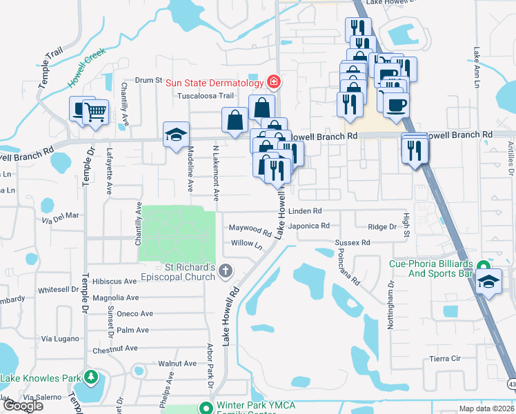 map of restaurants, bars, coffee shops, grocery stores, and more near 1853 Linden Road in Winter Park