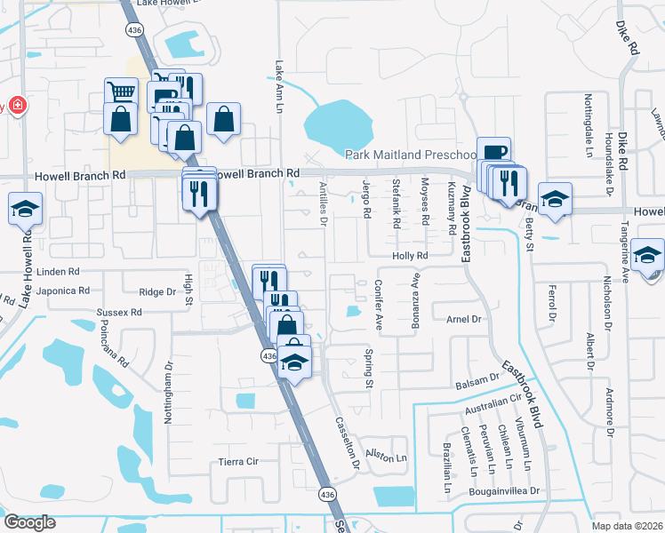 map of restaurants, bars, coffee shops, grocery stores, and more near 2415 Antilles Drive in Winter Park
