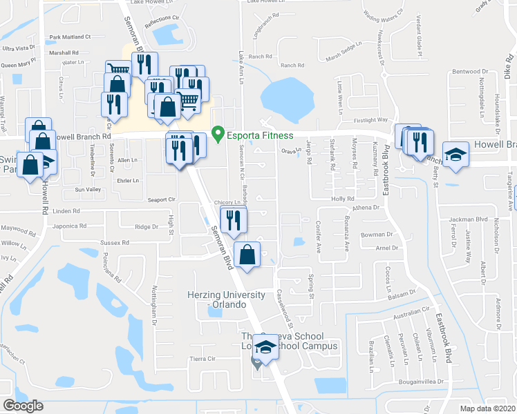 map of restaurants, bars, coffee shops, grocery stores, and more near 2430 Windward Way in Winter Park