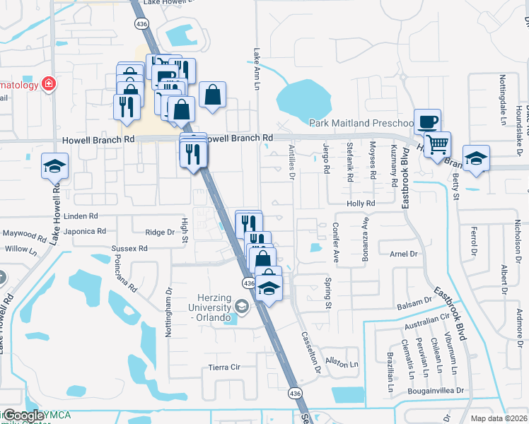 map of restaurants, bars, coffee shops, grocery stores, and more near 2479 Chicory Lane in Winter Park